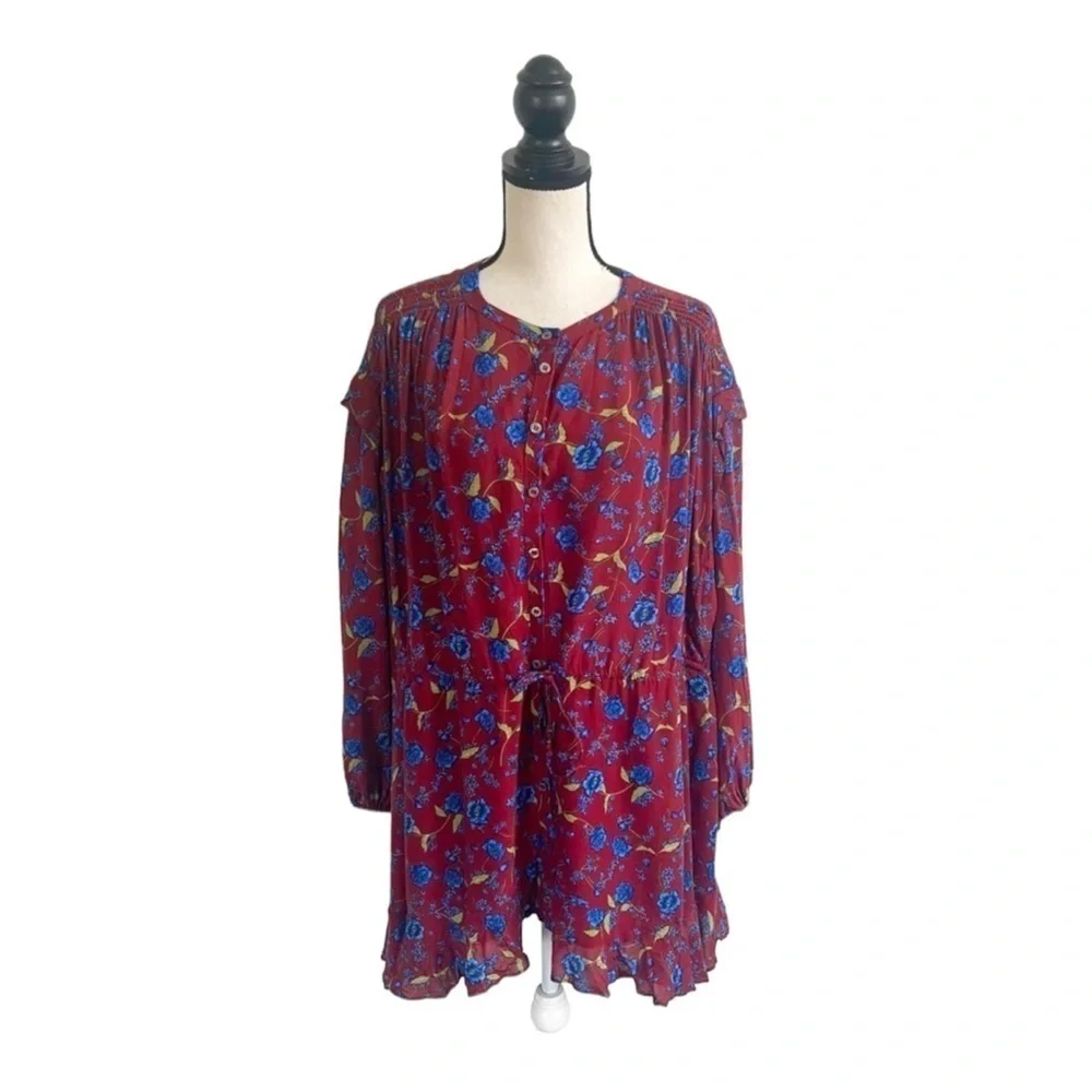 Free People Burgundy Blue Floral Long Sleeve Tie Waist Mini Dress Small
